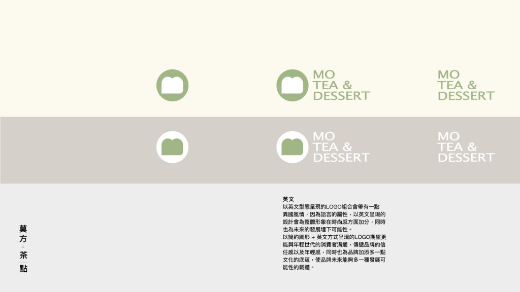 莫方茶點品牌定位報告，圖片為莫方LOGO標準色的英文標示，文字敘述為： 以英文型態呈現的LOGO組合會帶有一點 異國風情，因為語言的屬性，以英文呈現的設計會為整體形象在時尚感方面加分，同時也為末來的發展埋下可能性。 以簡約圖形＋英文方式呈現的LOGO期望更能與年輕世代的消費者溝通，傳遞品牌的信任感以及年輕感，同時也為品牌加添多一點 文化的底蘊，使品牌未來能夠多一種發展可能性的載體。