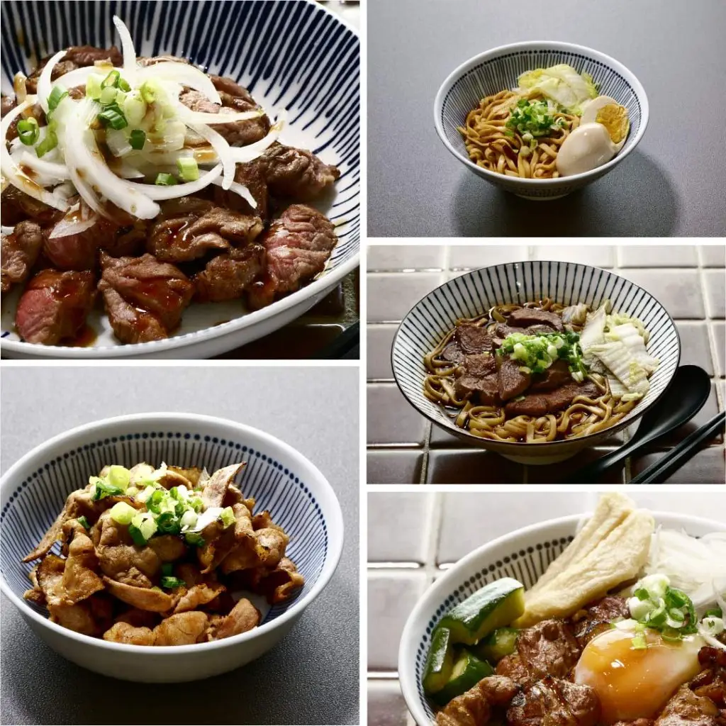 由上方往下俯視照片，餐點為牛肉麵，香蔥拌麵，炙燒牛排飯，多張照片組成